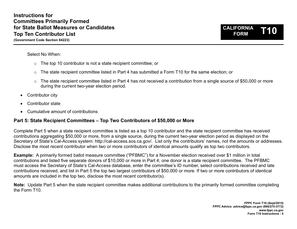 Instructions for FPPC Form T10 Committees Primarily Formed for State Ballot Measures or Candidates Top Ten Contributor List - California, Page 5
