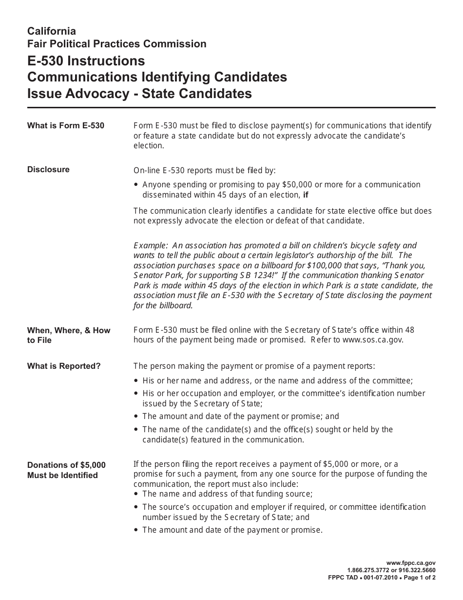 Instructions for FPPC Form E-530 Communications Identifying Candidates Issue Advocacy - State Candidates - California, Page 1
