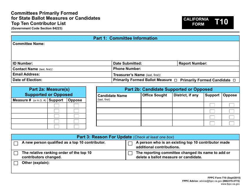 FPPC Form T10 Committees Primarily Formed for State Ballot Measures or Candidates Top Ten Contributor List - California
