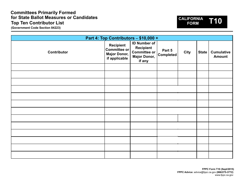 FPPC Form T10 Committees Primarily Formed for State Ballot Measures or Candidates Top Ten Contributor List - California, Page 2