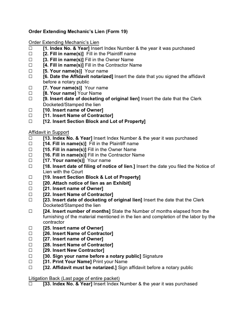 Instructions for Form 19 Order Extending Mechanic's Lien - New York