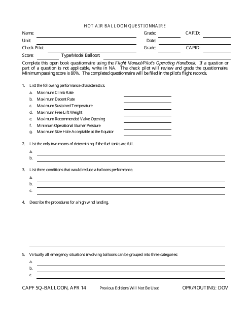 CAP Form 5Q-B Hot Air Balloon Questionnaire