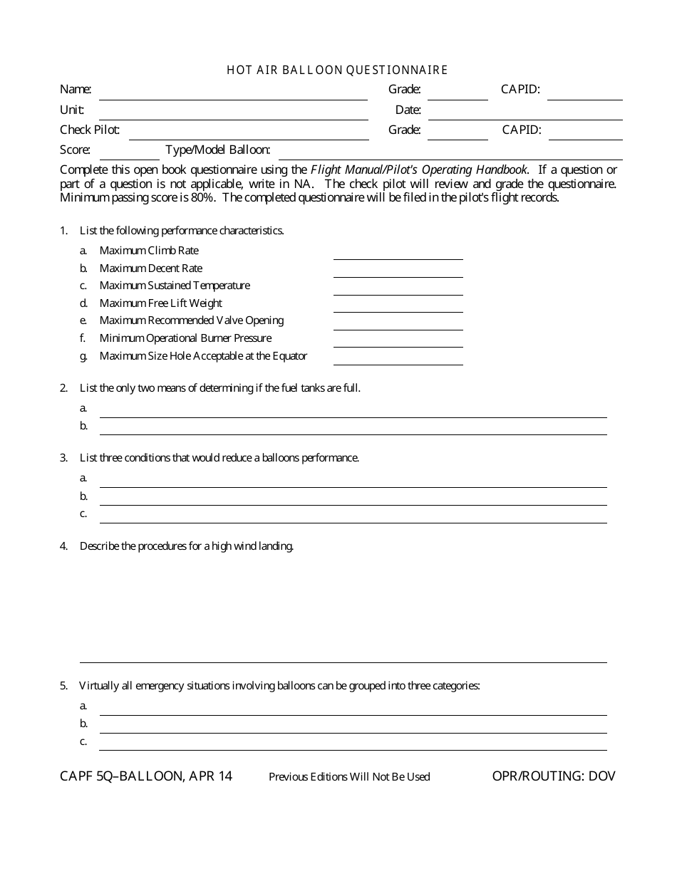 CAP Form 5Q-B Hot Air Balloon Questionnaire, Page 1
