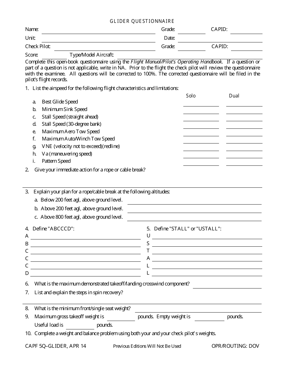 CAP Form 5Q-G Glider Questionnaire, Page 1