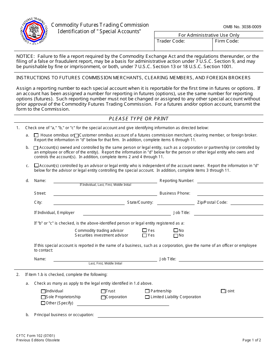 CFTC Form 102 Identification of special Accounts, Page 1
