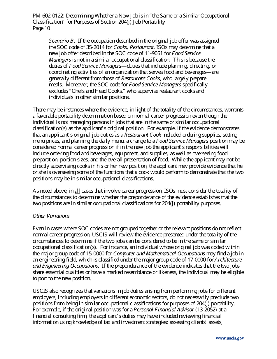 Determining Whether a New Job Is in the Same or a Similar Occupational Classification for Purposes of Section 204(J) Job Portability - Policy Memorandum, Page 10