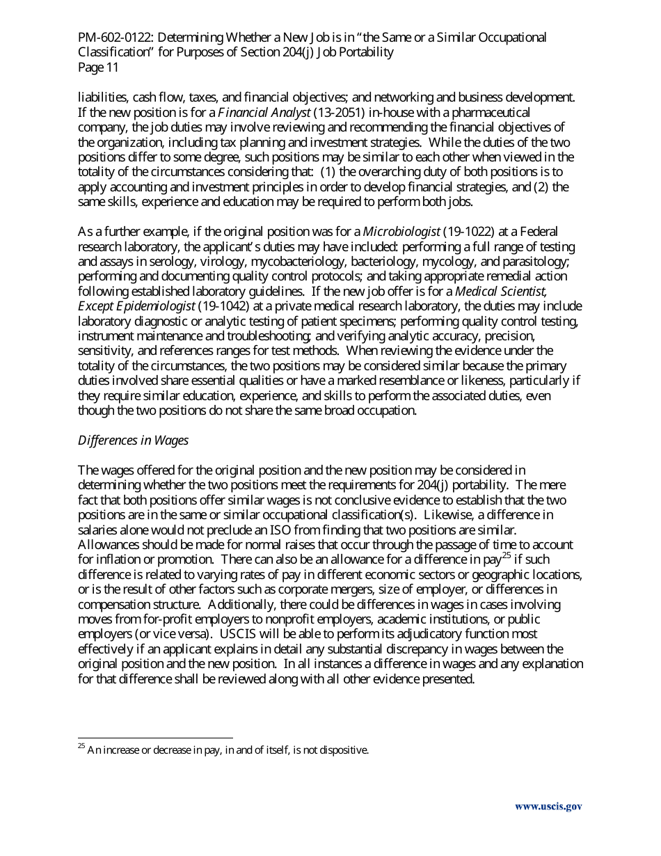Determining Whether a New Job Is in the Same or a Similar Occupational Classification for Purposes of Section 204(J) Job Portability - Policy Memorandum, Page 11