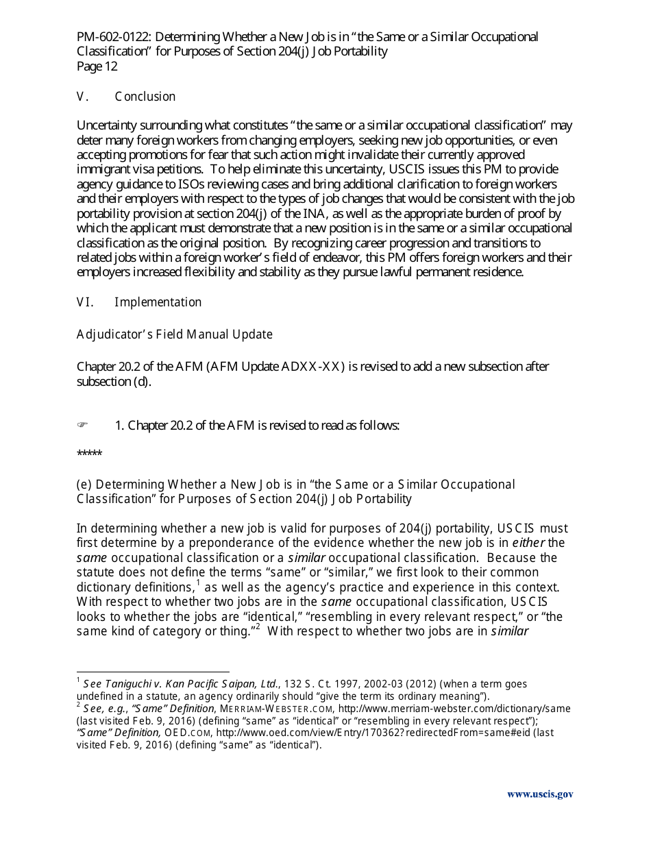 Determining Whether a New Job Is in the Same or a Similar Occupational Classification for Purposes of Section 204(J) Job Portability - Policy Memorandum, Page 12