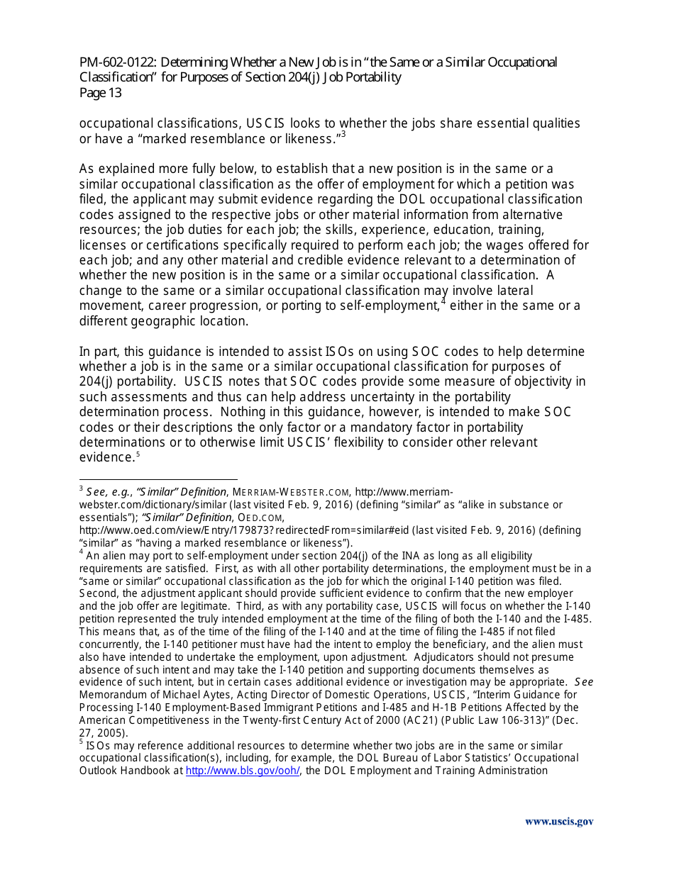 Determining Whether a New Job Is in the Same or a Similar Occupational Classification for Purposes of Section 204(J) Job Portability - Policy Memorandum, Page 13