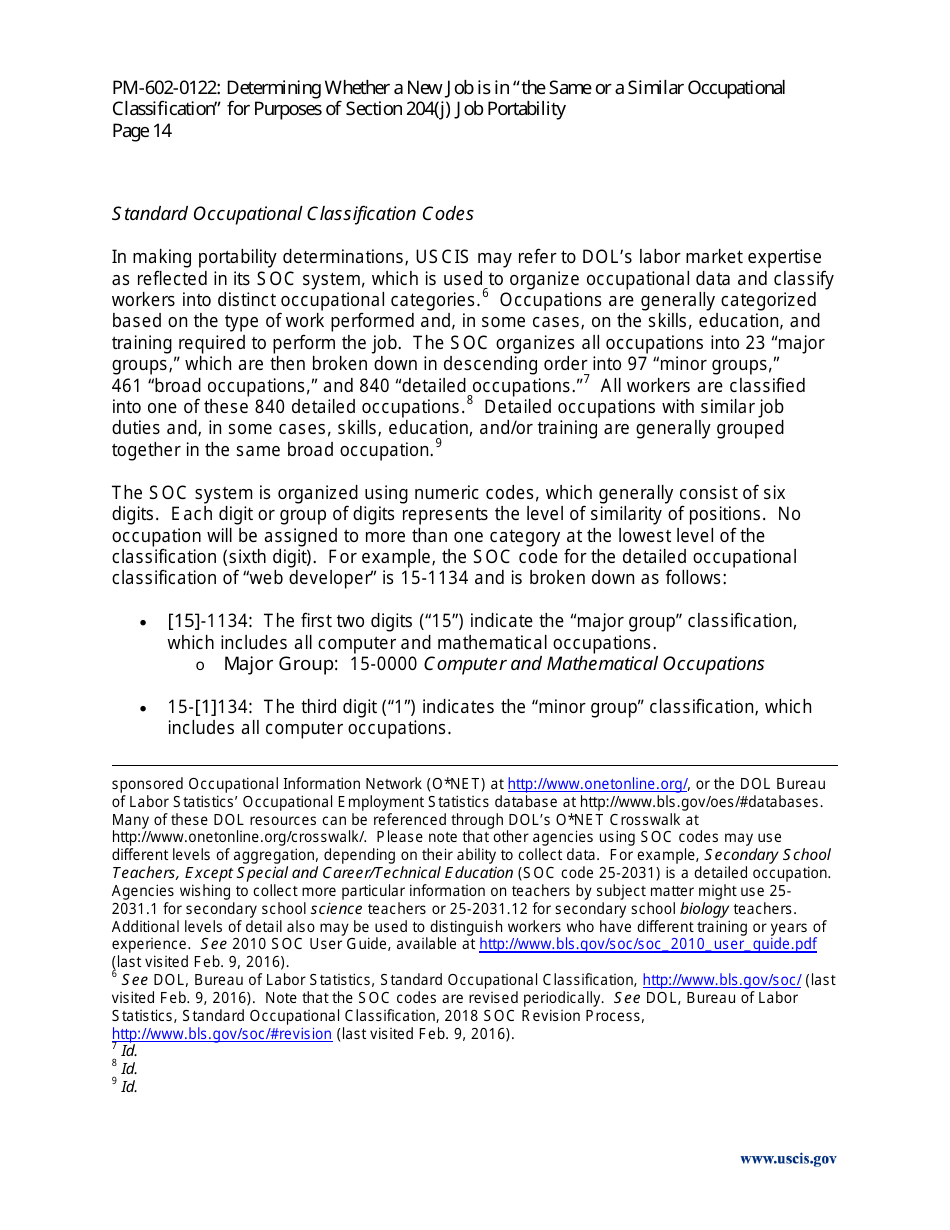 Determining Whether a New Job Is in the Same or a Similar Occupational Classification for Purposes of Section 204(J) Job Portability - Policy Memorandum, Page 14
