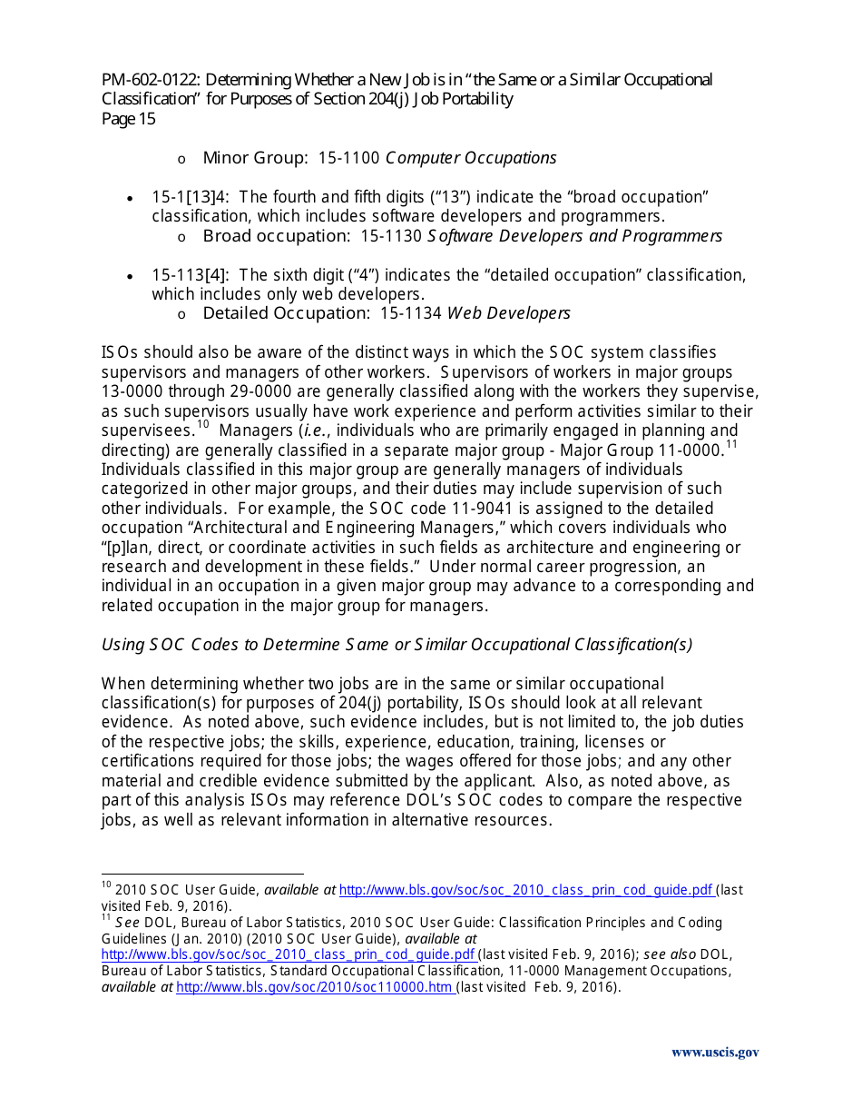Determining Whether a New Job Is in the Same or a Similar Occupational Classification for Purposes of Section 204(J) Job Portability - Policy Memorandum, Page 15