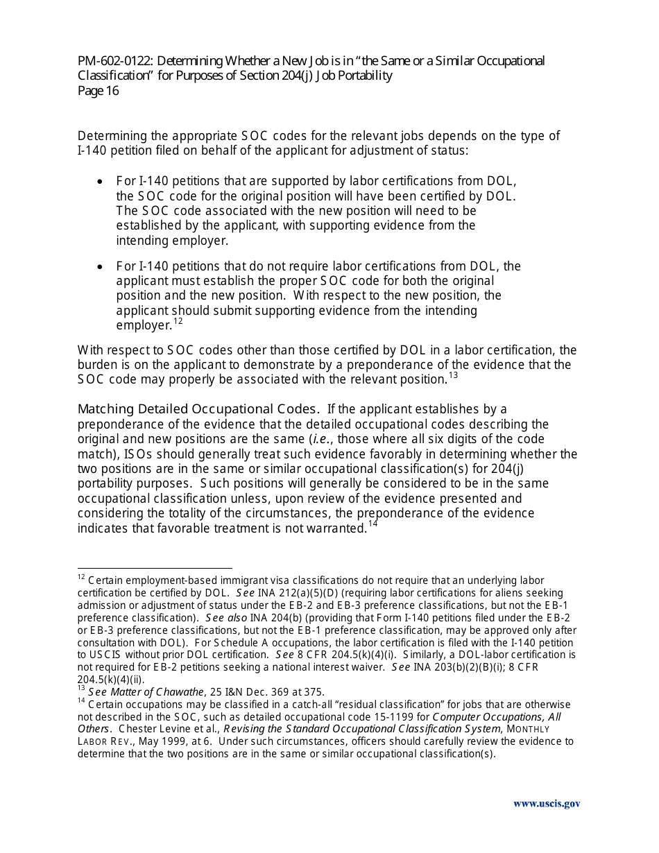 Determining Whether a New Job Is in the Same or a Similar Occupational Classification for Purposes of Section 204(J) Job Portability - Policy Memorandum, Page 16