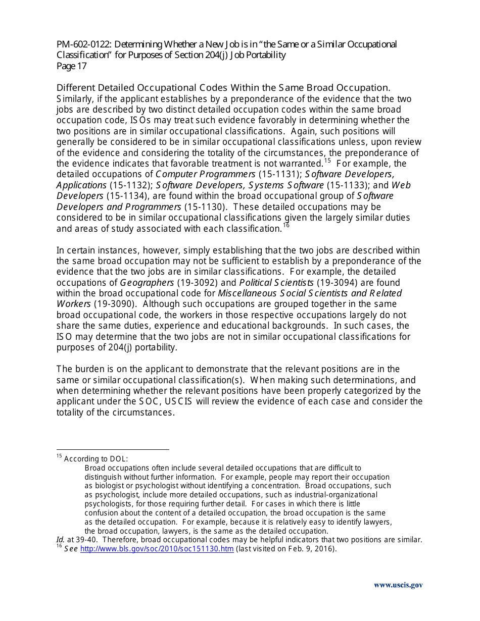 Determining Whether a New Job Is in the Same or a Similar Occupational Classification for Purposes of Section 204(J) Job Portability - Policy Memorandum, Page 17