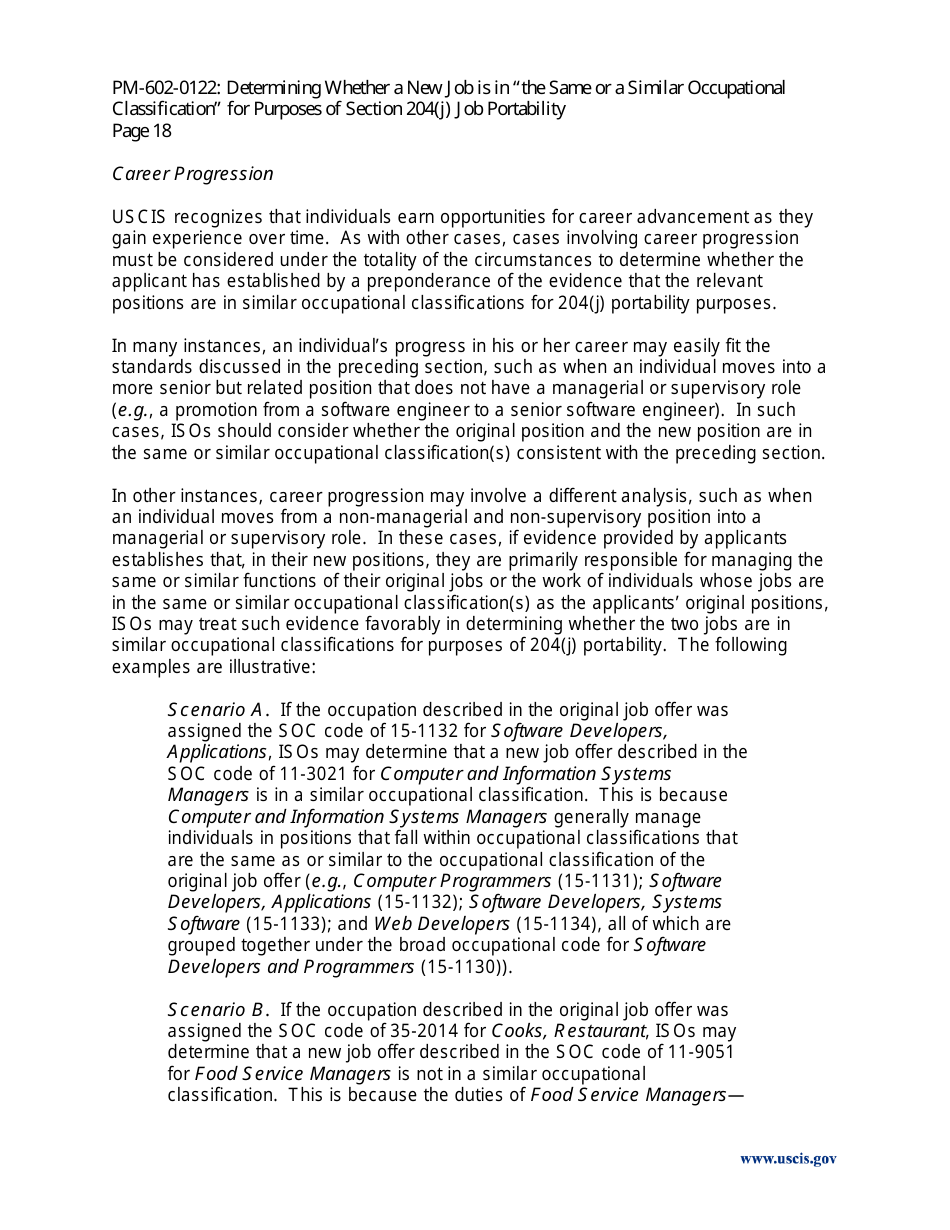 Determining Whether a New Job Is in the Same or a Similar Occupational Classification for Purposes of Section 204(J) Job Portability - Policy Memorandum, Page 18