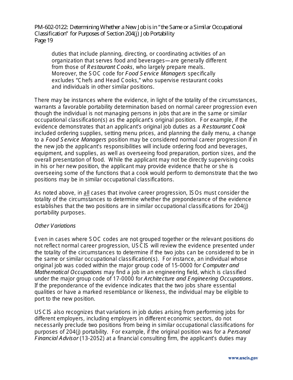 Determining Whether a New Job Is in the Same or a Similar Occupational Classification for Purposes of Section 204(J) Job Portability - Policy Memorandum, Page 19