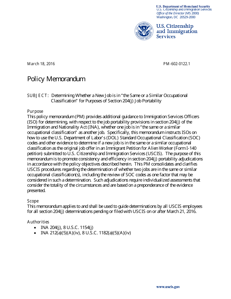 Determining Whether a New Job Is in the Same or a Similar Occupational Classification for Purposes of Section 204(J) Job Portability - Policy Memorandum, Page 1