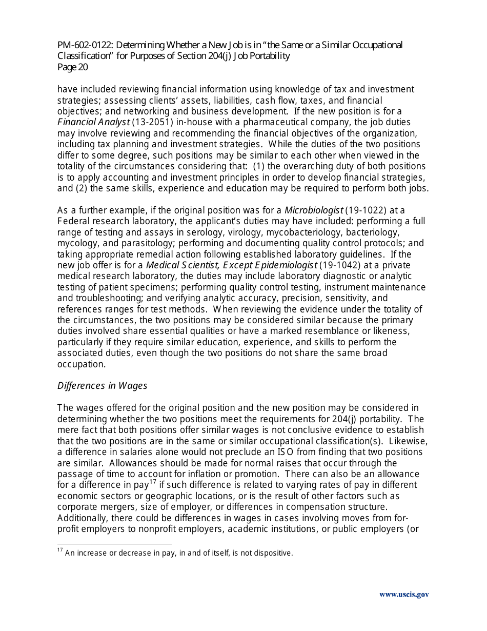 Determining Whether a New Job Is in the Same or a Similar Occupational Classification for Purposes of Section 204(J) Job Portability - Policy Memorandum, Page 20