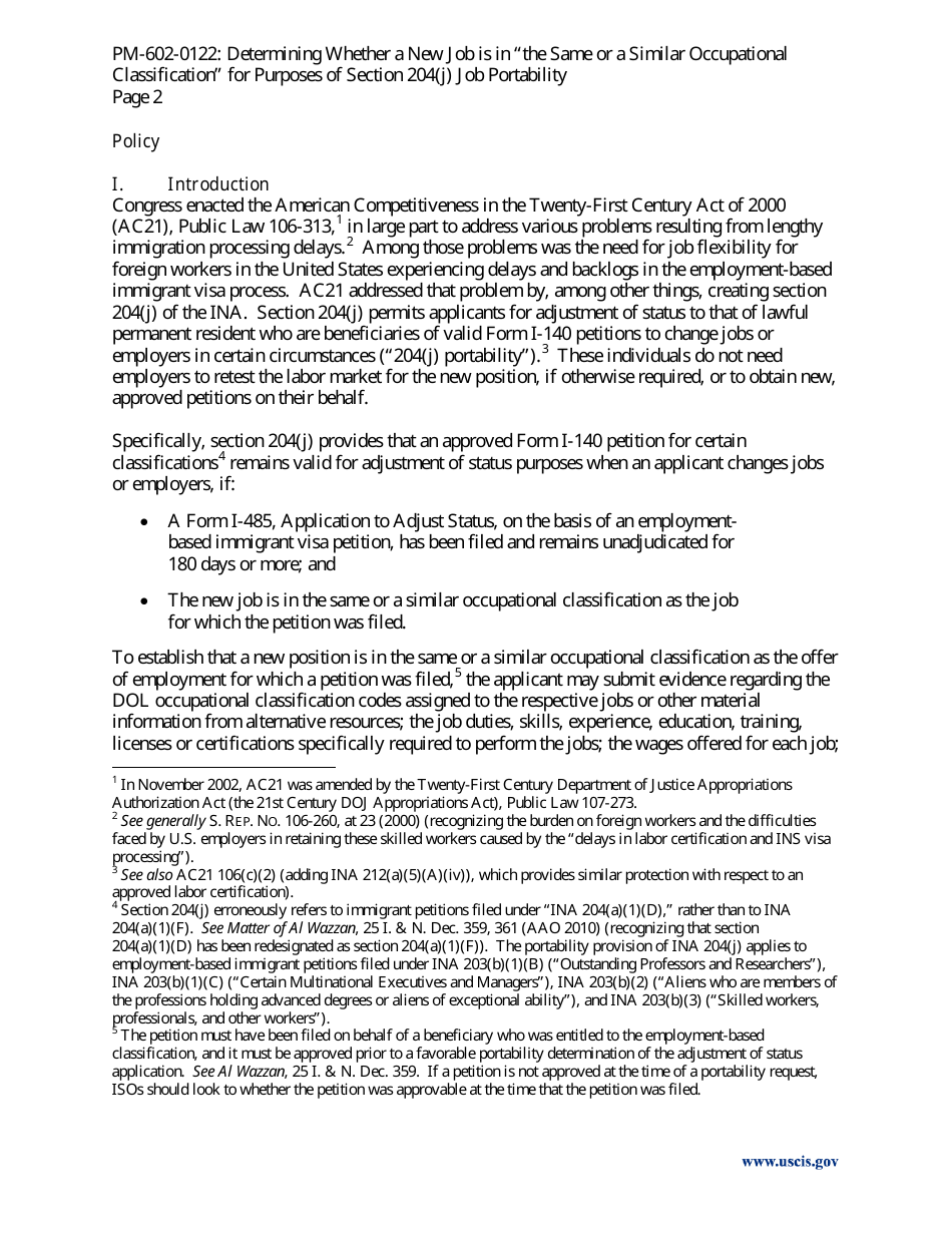 Determining Whether a New Job Is in the Same or a Similar Occupational Classification for Purposes of Section 204(J) Job Portability - Policy Memorandum, Page 2