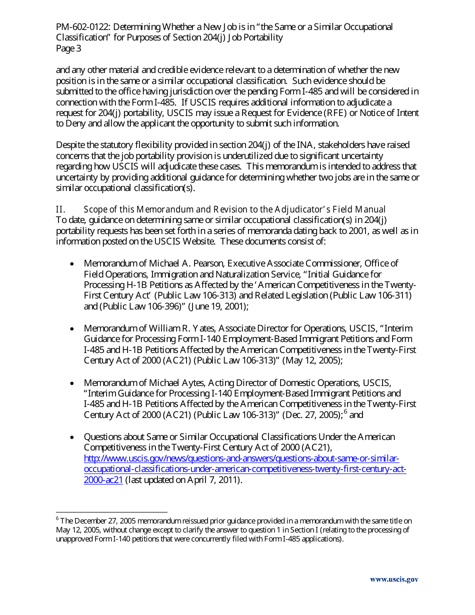Determining Whether a New Job Is in the Same or a Similar Occupational Classification for Purposes of Section 204(J) Job Portability - Policy Memorandum, Page 3