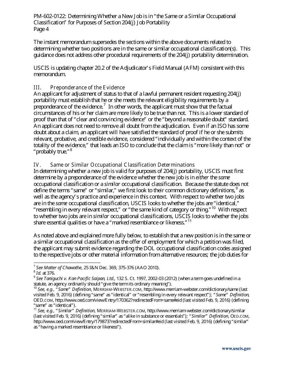 Determining Whether a New Job Is in the Same or a Similar Occupational Classification for Purposes of Section 204(J) Job Portability - Policy Memorandum, Page 4