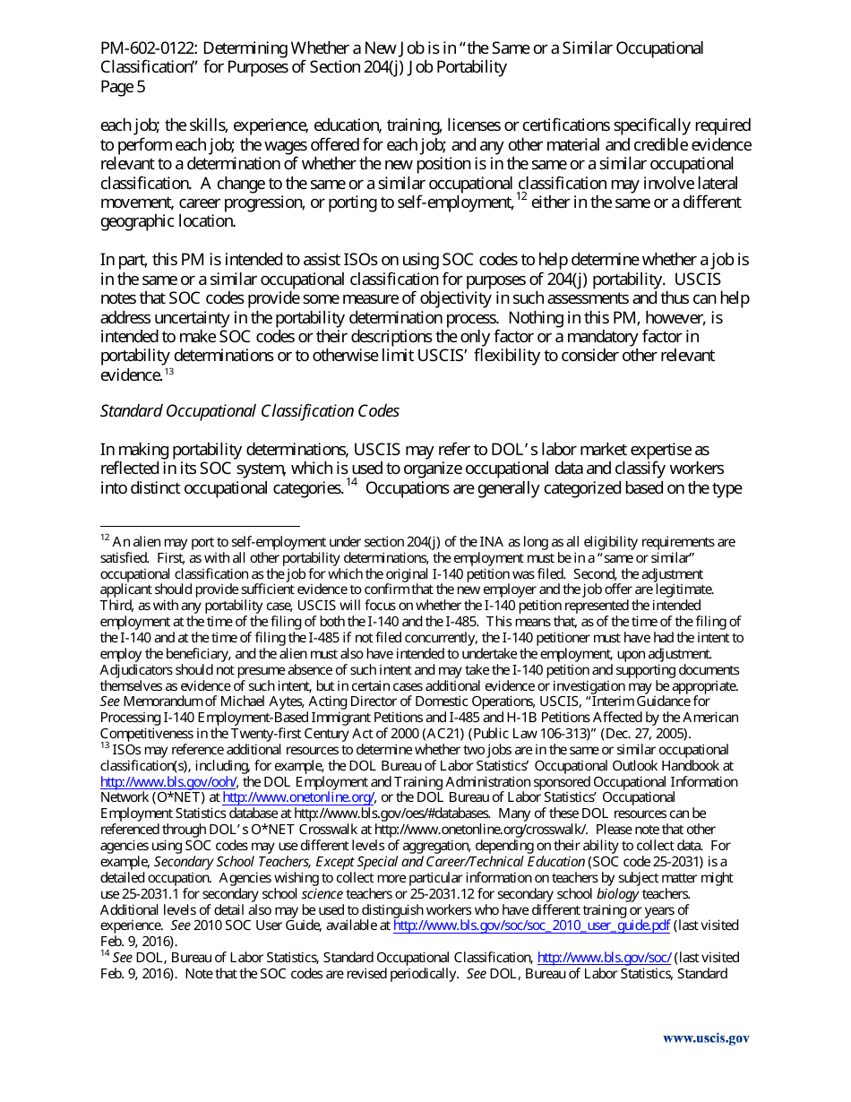Determining Whether a New Job Is in the Same or a Similar Occupational Classification for Purposes of Section 204(J) Job Portability - Policy Memorandum, Page 5