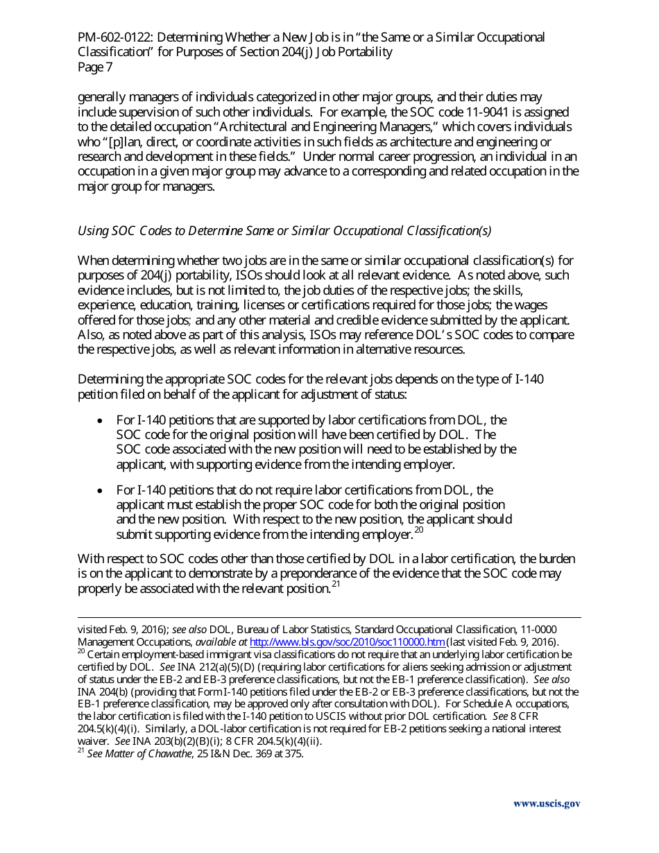 Determining Whether a New Job Is in the Same or a Similar Occupational Classification for Purposes of Section 204(J) Job Portability - Policy Memorandum, Page 7