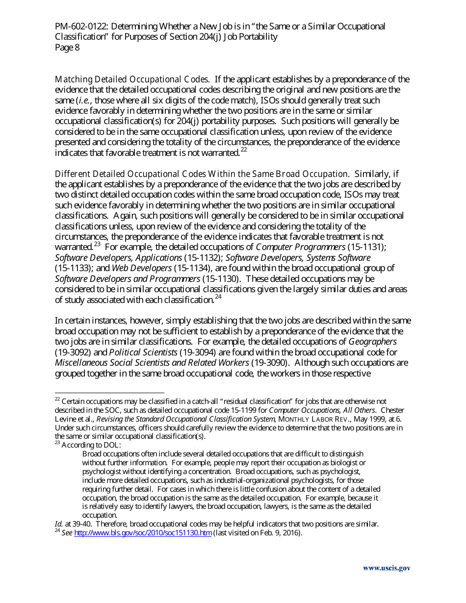 Determining Whether a New Job Is in the Same or a Similar Occupational Classification for Purposes of Section 204(J) Job Portability - Policy Memorandum, Page 8