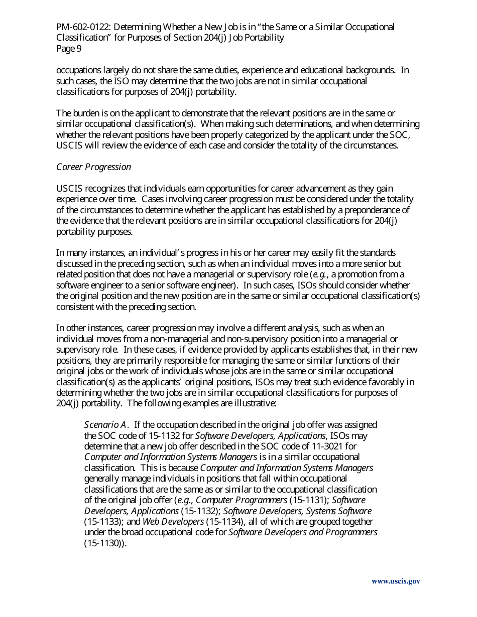 Determining Whether a New Job Is in the Same or a Similar Occupational Classification for Purposes of Section 204(J) Job Portability - Policy Memorandum, Page 9