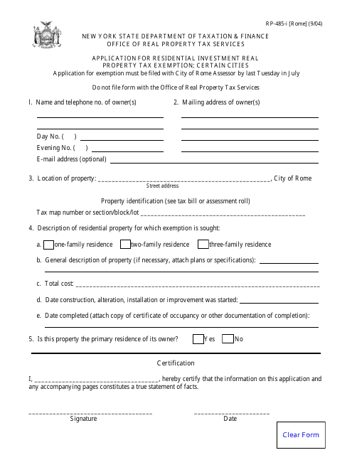 Form RP-485-I [ROME] Application for Residential Investment Real Property Tax Exemption; Certain Cities - New York