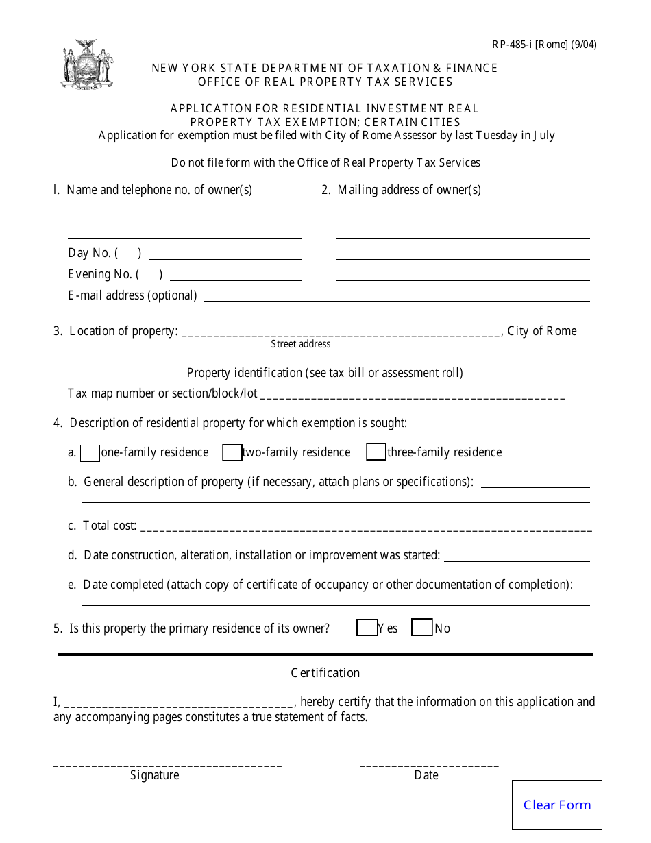 Form RP-485-I [ROME] Application for Residential Investment Real Property Tax Exemption; Certain Cities - New York, Page 1