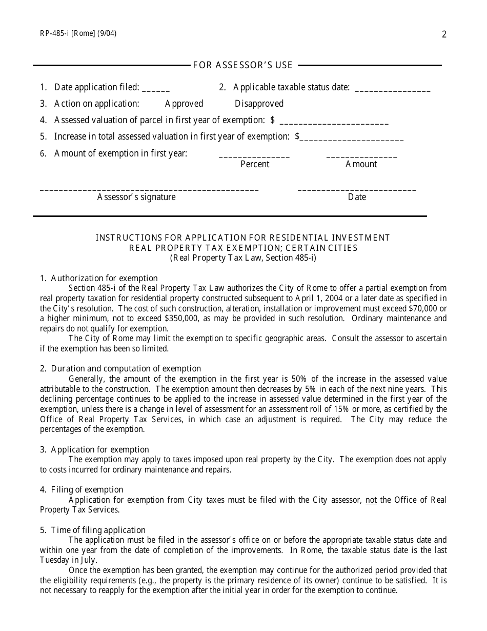 Form RP-485-I [ROME] Application for Residential Investment Real Property Tax Exemption; Certain Cities - New York, Page 2