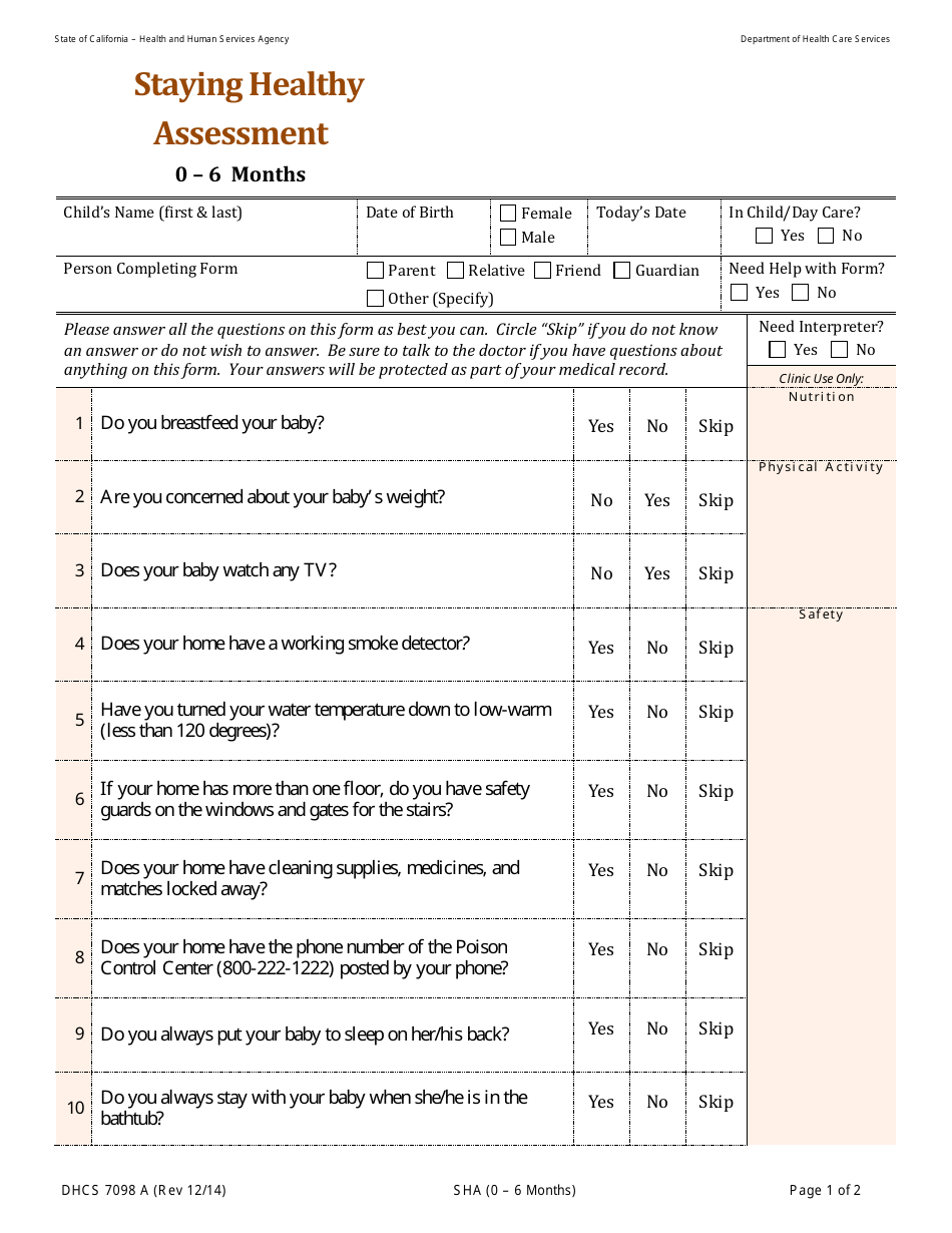 Form DHCS7098 A Staying Healthy Assessment - 0-6 Months - California, Page 1