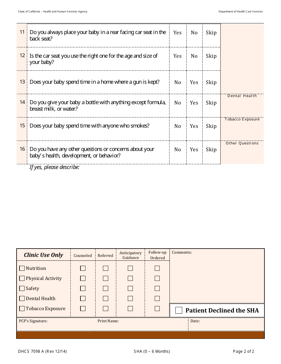 Form DHCS7098 A Staying Healthy Assessment - 0-6 Months - California, Page 2