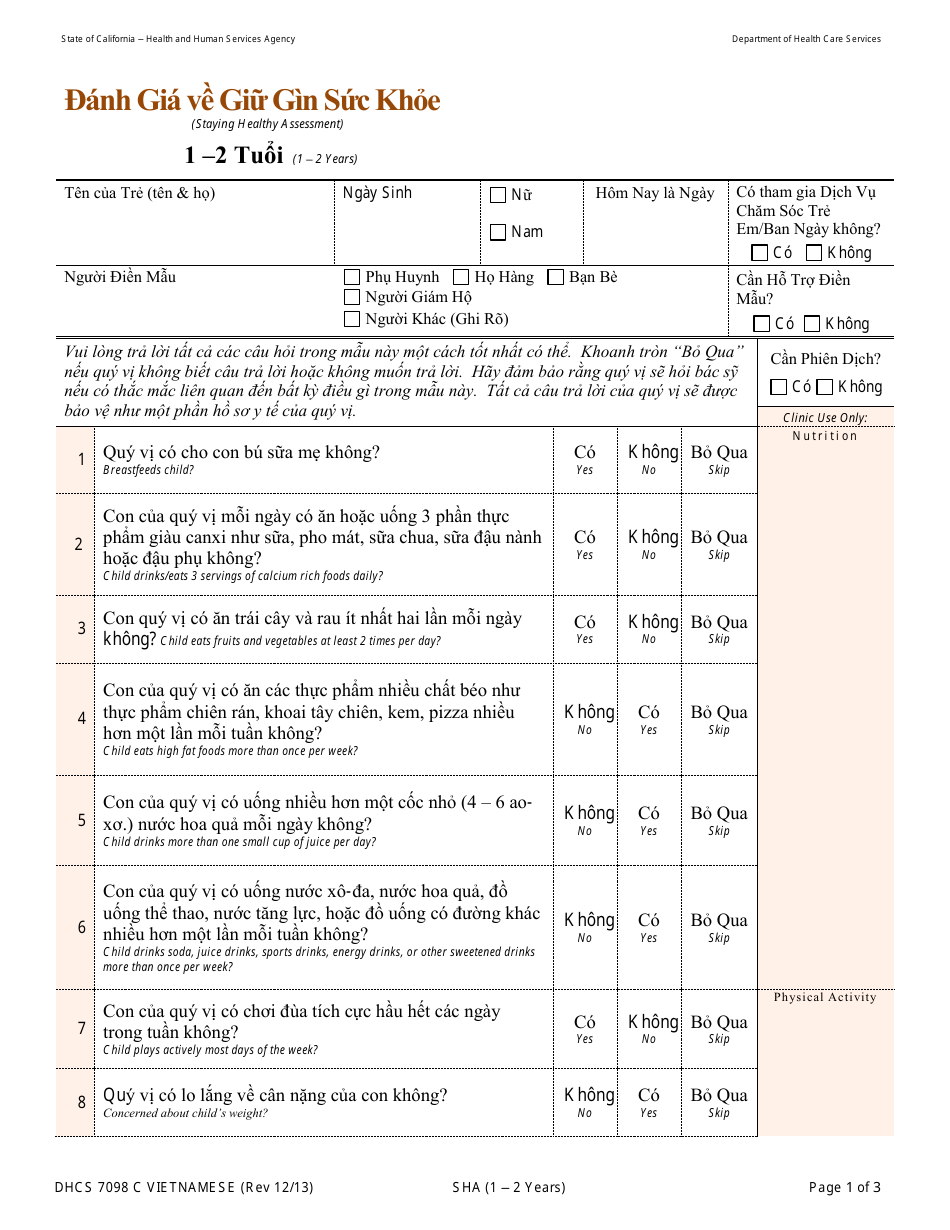 Form Dhcs7098 C Download Printable Pdf Or Fill Online Staying Healthy Assessment 1 2 Years California Vietnamese Templateroller