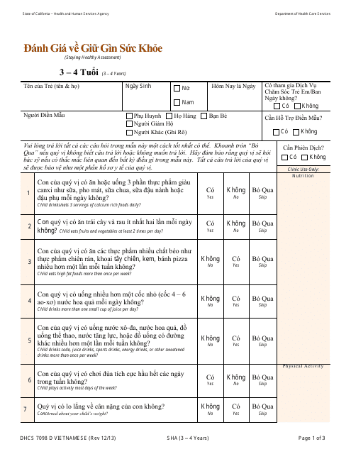 Form DHCS7098 D Staying Healthy Assessment - 3-4 Years - California (Vietnamese)