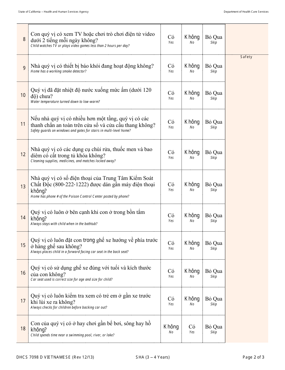 Form DHCS7098 D Staying Healthy Assessment - 3-4 Years - California (Vietnamese), Page 2
