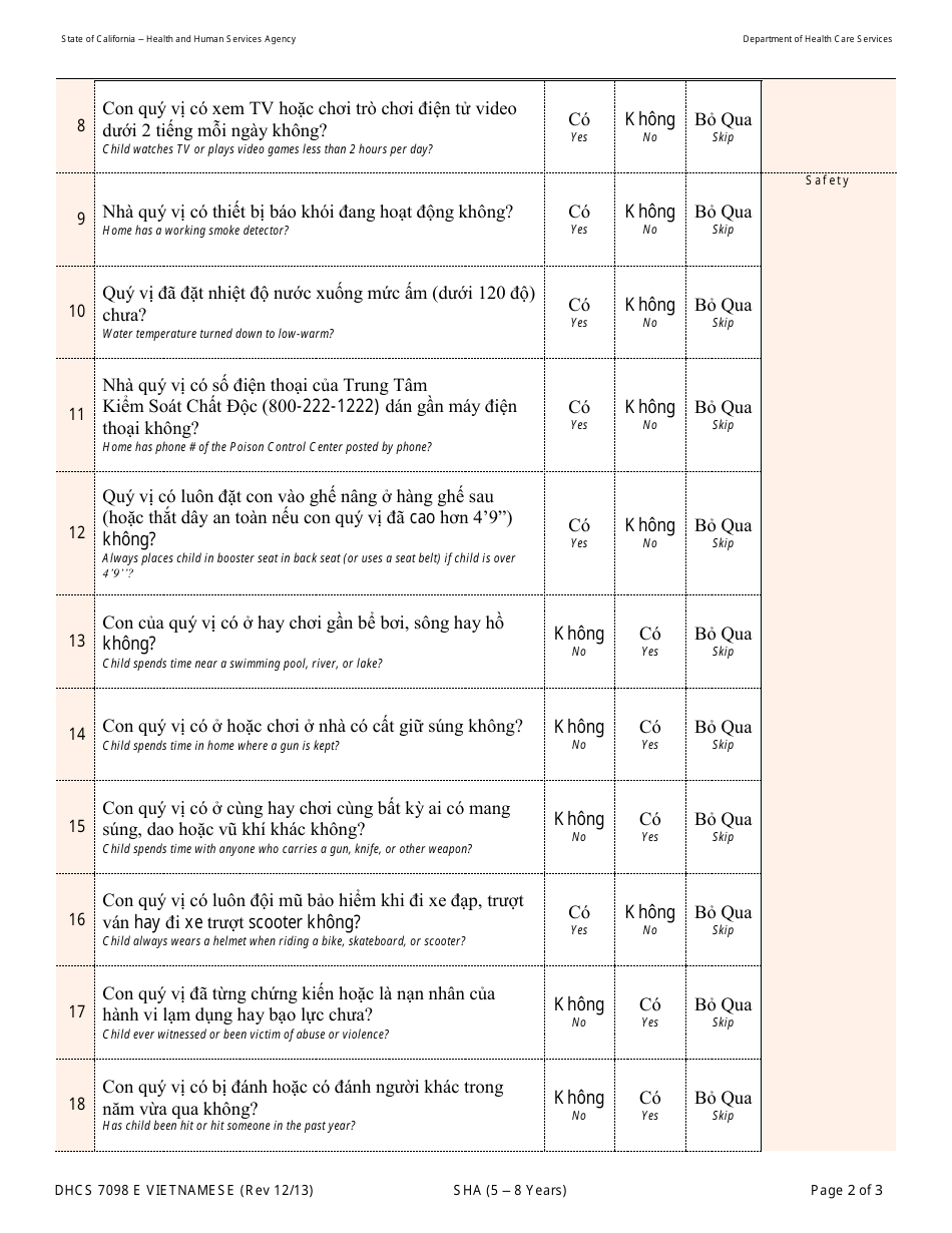 Form DHCS7098 E Staying Healthy Assessment - 5-8 Years - California (Vietnamese), Page 2