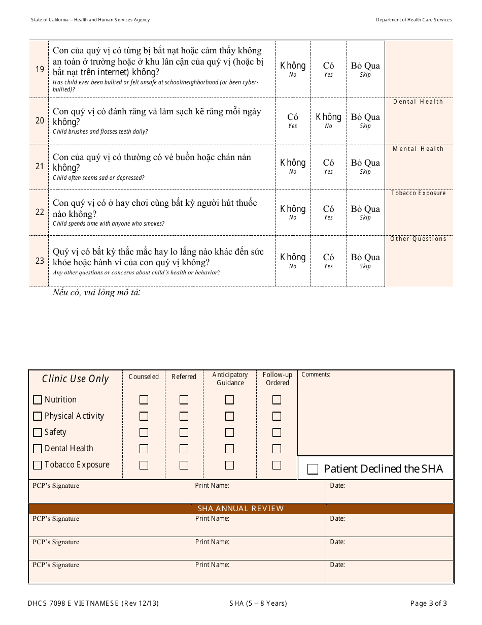 Form DHCS7098 E Staying Healthy Assessment - 5-8 Years - California (Vietnamese), Page 3