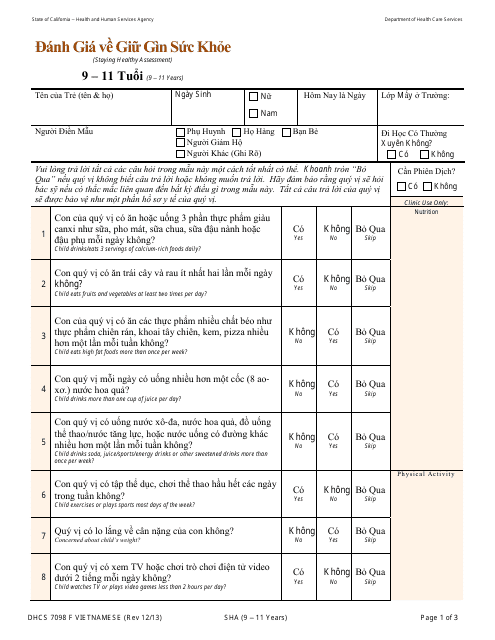 Form DHCS7098 F Staying Healthy Assessment - 9-11 Years - California (Vietnamese)