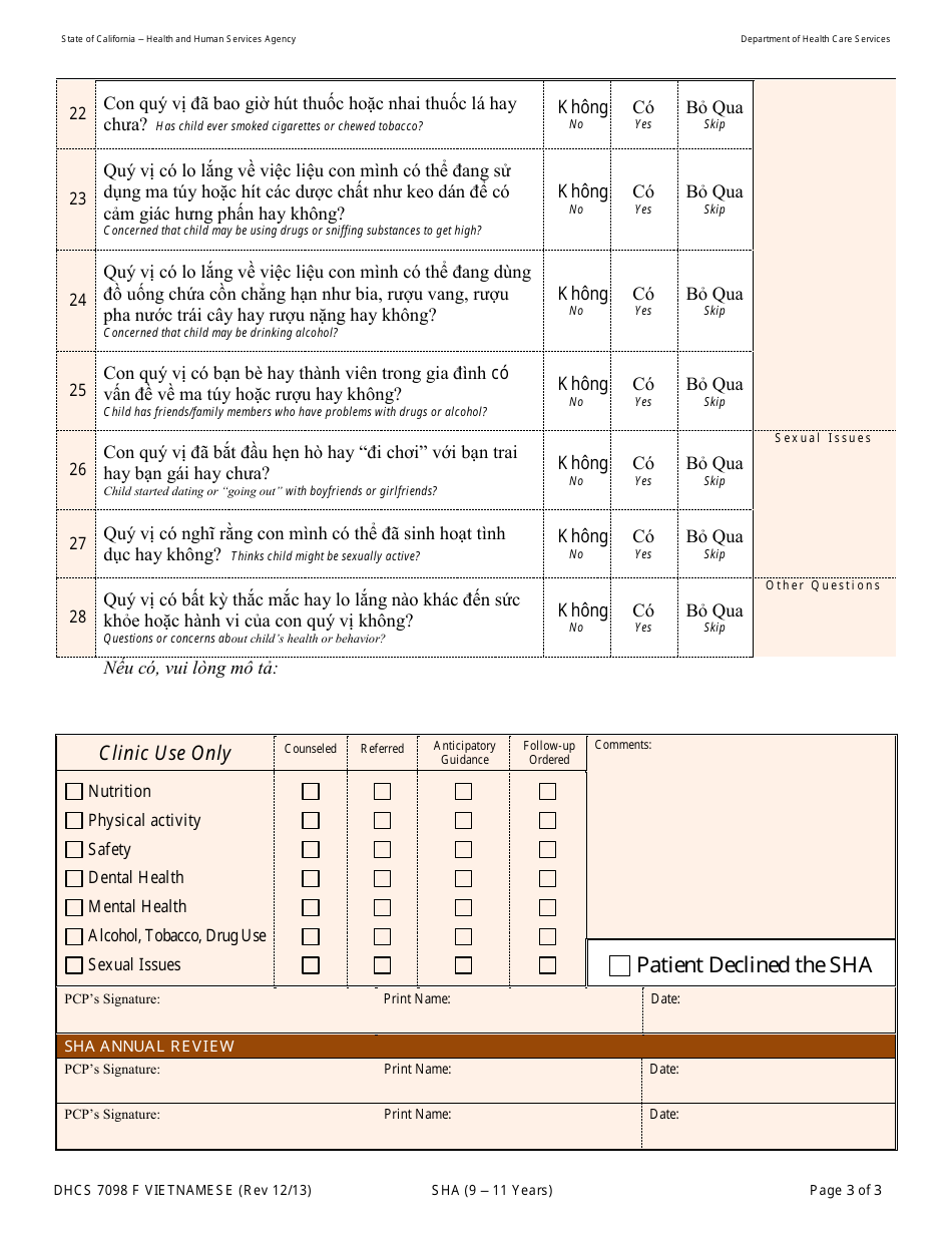 Form DHCS7098 F Staying Healthy Assessment - 9-11 Years - California (Vietnamese), Page 3
