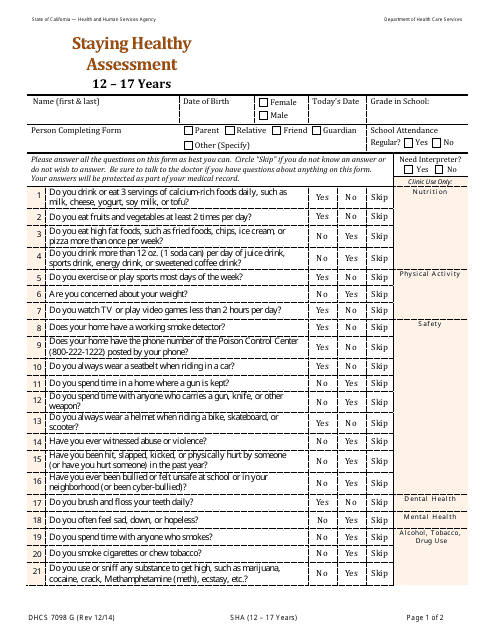 Form DHCS7098 G Staying Healthy Assessment - 12-17 Years - California