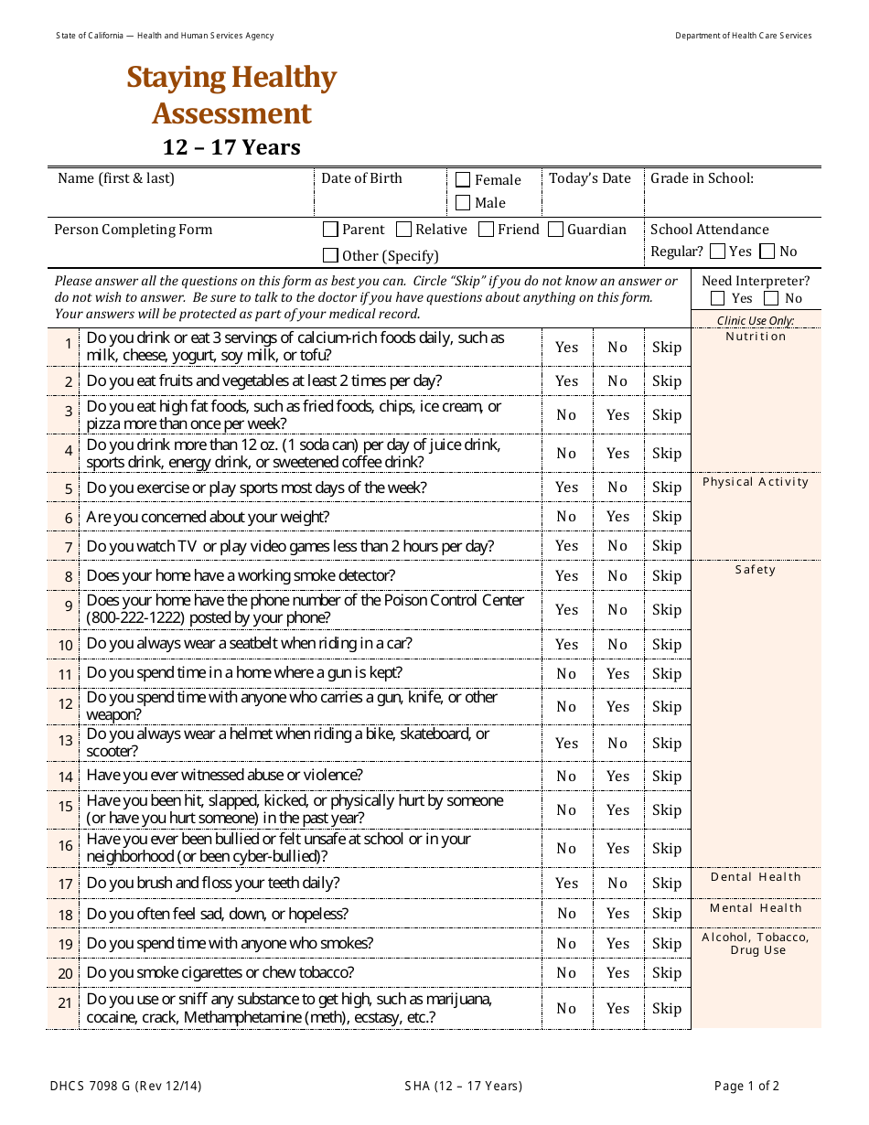 Form DHCS7098 G Staying Healthy Assessment - 12-17 Years - California, Page 1