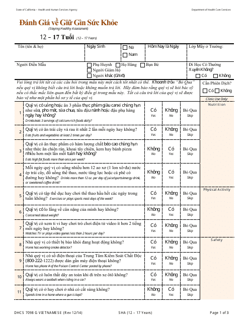 Form DHCS7098 G Staying Healthy Assessment: 12-17 Years - California (Vietnamese)