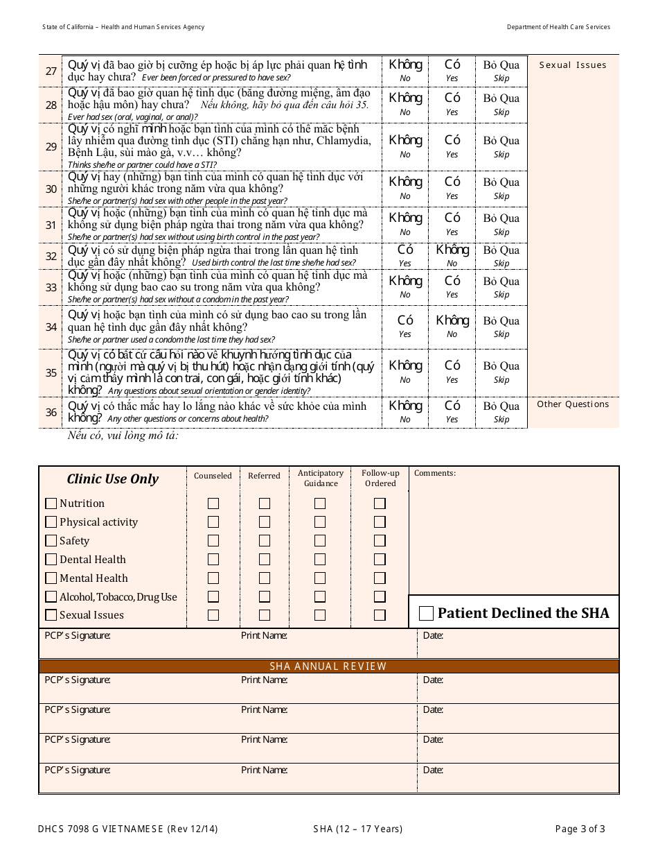 Form DHCS7098 G Staying Healthy Assessment: 12-17 Years - California (Vietnamese), Page 3