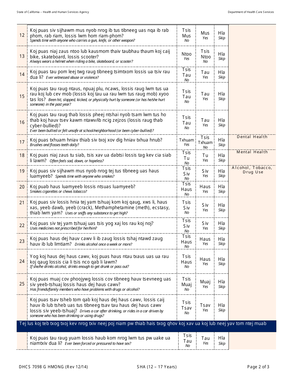 Form DHCS7098 G Staying Healthy Assessment - 12-17 Years - California (Hmong), Page 2