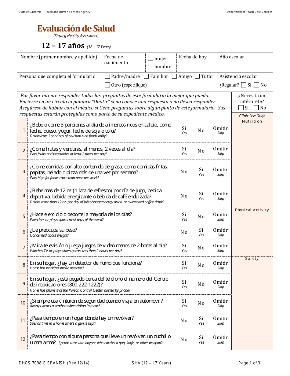 Formulario DHCS7098 G Staying Healthy Assessment - 12-17 Years - California (Spanish), Page 1