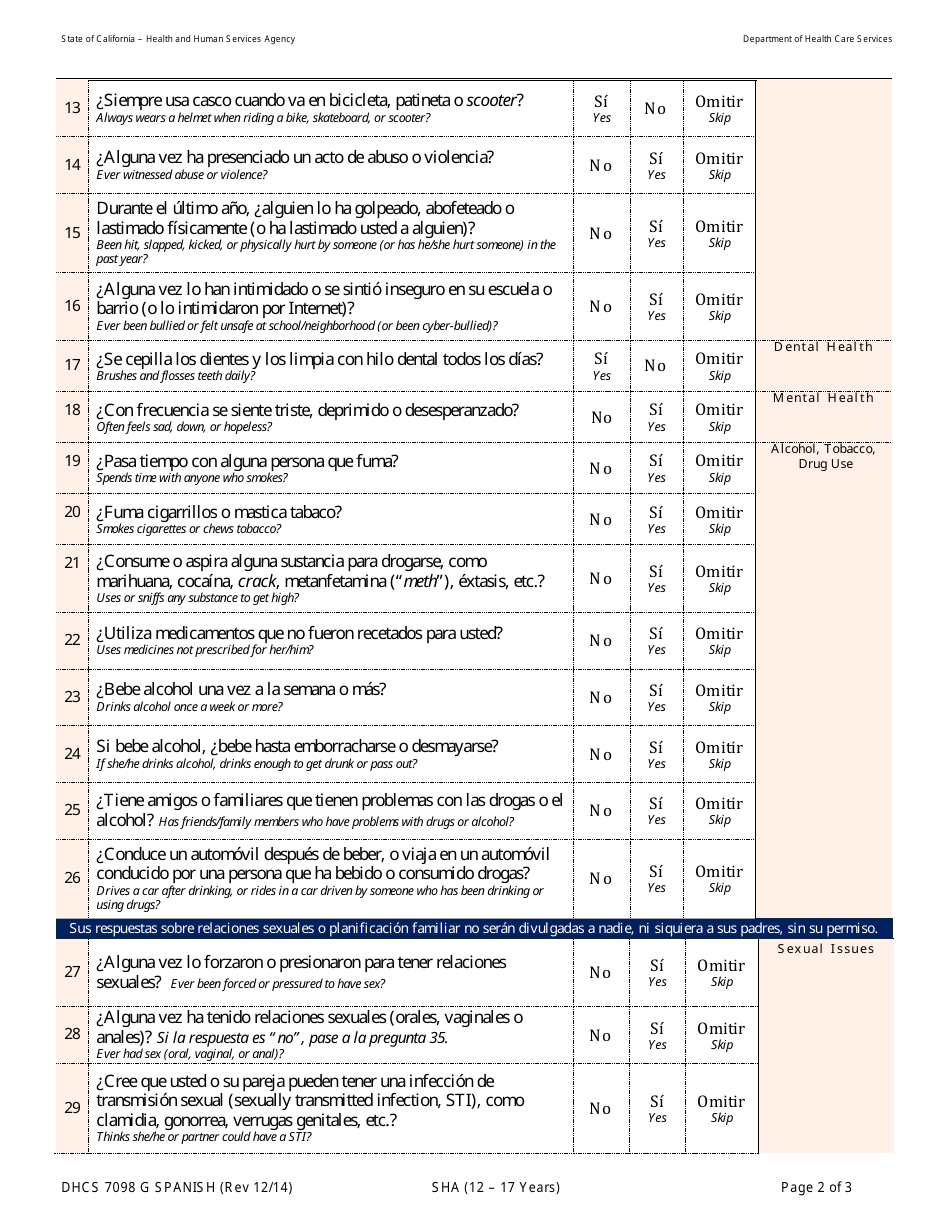 Formulario DHCS7098 G Staying Healthy Assessment - 12-17 Years - California (Spanish), Page 2