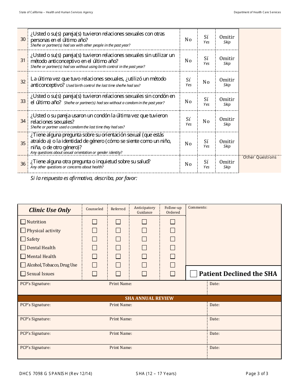 Formulario DHCS7098 G Staying Healthy Assessment - 12-17 Years - California (Spanish), Page 3