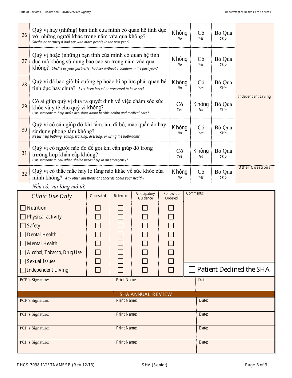Form DHCS7098 I Staying Healthy Assessment - Senior - California (Vietnamese), Page 3