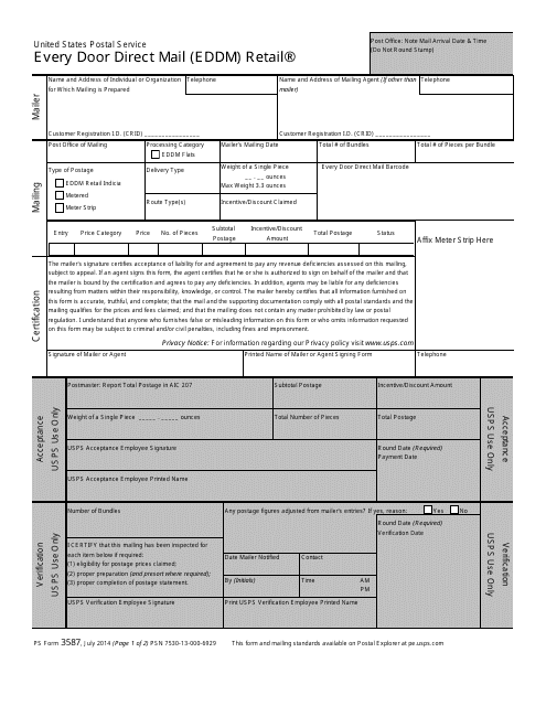 PS Form 3587  Printable Pdf